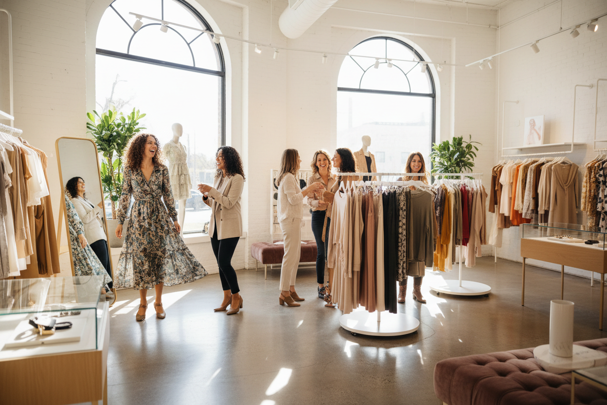 Maak een kleding winkel met lachende vrouwen 